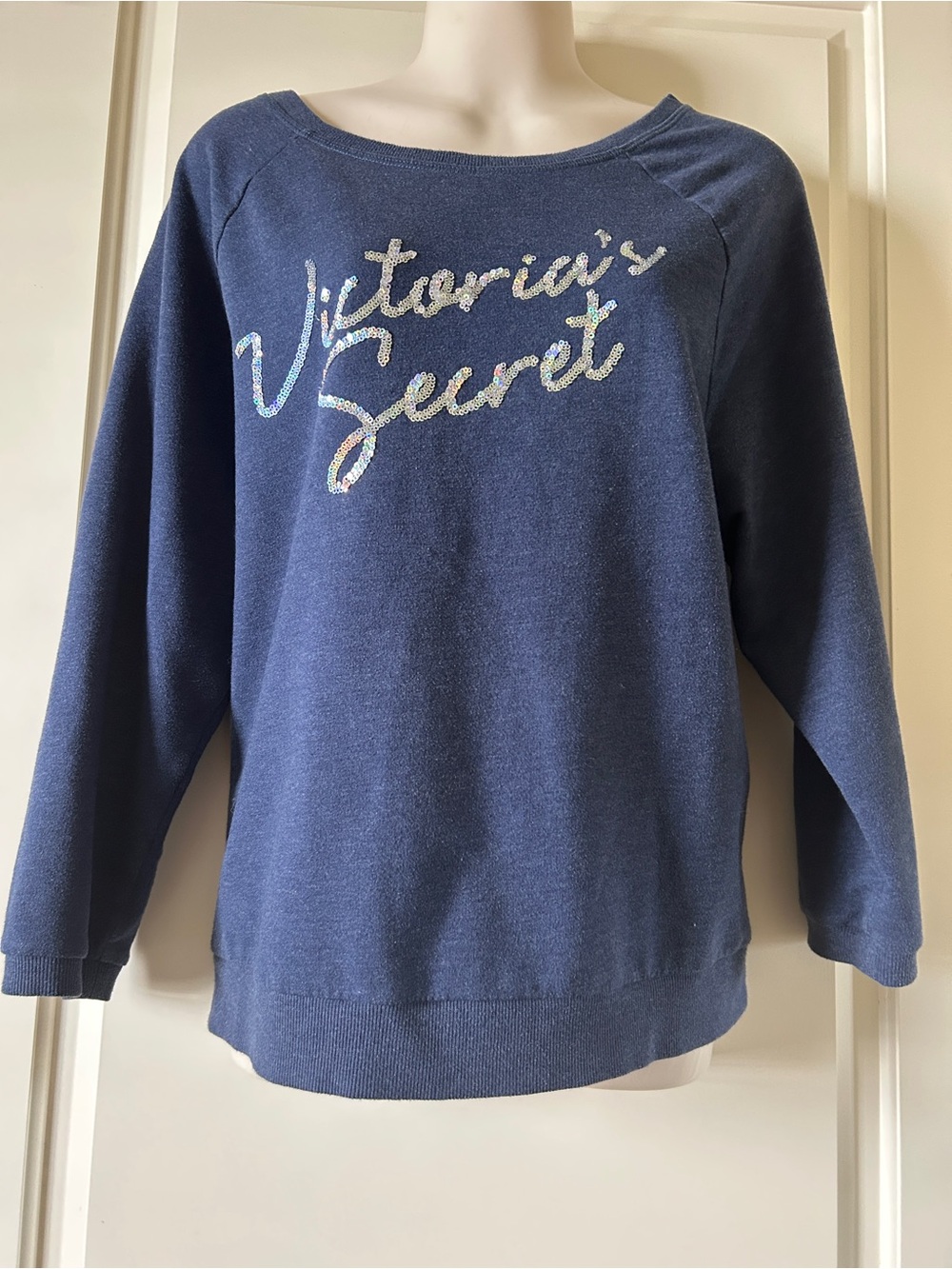 VICTORIA's SECRET Denim Blue Sweatshirt With Silver Lettering, Size S